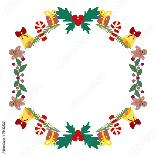 Christmas wreath frame with gifts, bells, candy canes, gingerbread cookies, and festive decorations, holiday illustration