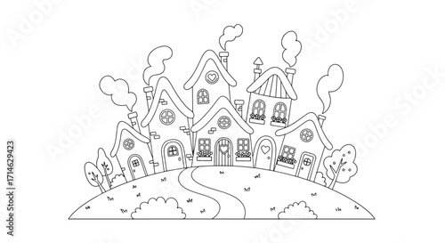 Whimsical fantasy-style neighborhood sketch of charming small houses with curved roofs, chimneys, and winding paths creating a fairy tale village scene.