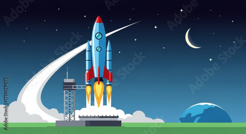 Rocket launch illustration space exploration spaceship taking off startup concept vector design graphic art