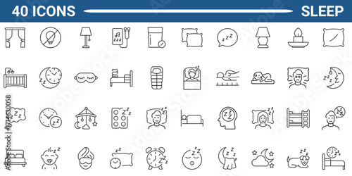 Set of 40 outline icons related to sleep. Linear icon collection. Editable stroke. Vector illustration