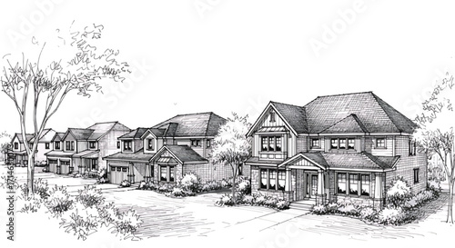 Hand-drawn suburban neighborhood with realistic shading, perspective houses, trees, and lawns representing a peaceful residential area in pencil sketch.