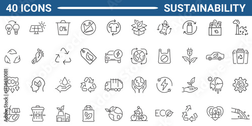 Set of 40 thin line icons related to sustainability, environmental, ecological, recyling, green, organic, industry. Linear ecology simple symbol collection. vector illustration. Editable stroke