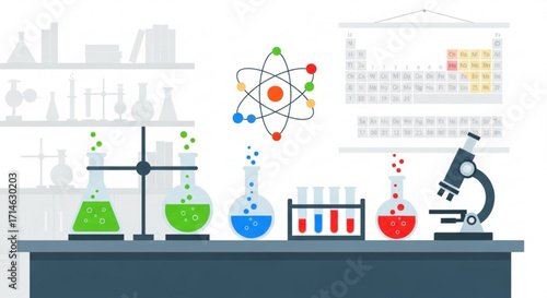 Science lab equipment illustration for chemistry research and scientific experiments concept with atom model
