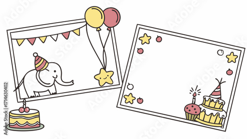 Cute Kids Birthday Place Cards Vector – Hand-Drawn Crayon Style with Balloons, Cake and Blank Space for Name