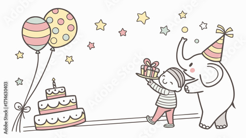 Cute Kids Birthday Place Cards Vector – Hand-Drawn Crayon Style with Balloons, Cake and Blank Space for Name