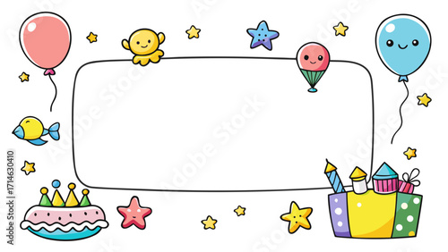 Cute Kids Birthday Place Cards Vector – Hand-Drawn Crayon Style with Balloons, Cake and Blank Space for Name