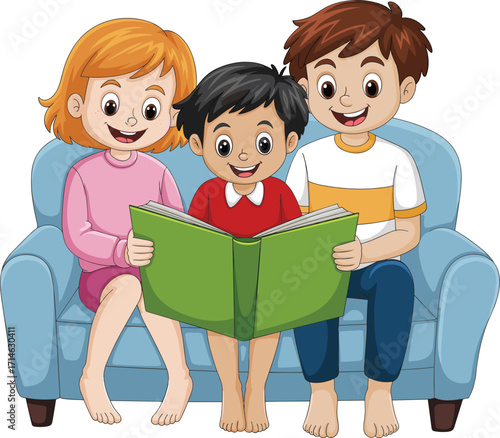Children reading book together, happy kids on couch, barefoot toddlers learning, storytelling moment, childhood education, friendship bonding,
