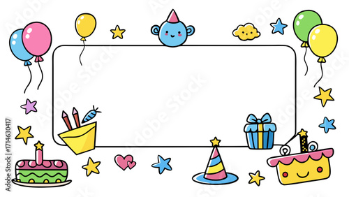 Cute Kids Birthday Place Cards Vector – Hand-Drawn Crayon Style with Balloons, Cake and Blank Space for Name