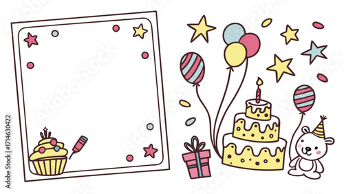 Cute Kids Birthday Place Cards Vector – Hand-Drawn Crayon Style with Balloons, Cake and Blank Space for Name