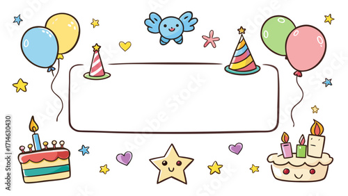 Cute Kids Birthday Place Cards Vector – Hand-Drawn Crayon Style with Balloons, Cake and Blank Space for Name