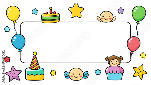 Cute Kids Birthday Place Cards Vector – Hand-Drawn Crayon Style with Balloons, Cake and Blank Space for Name