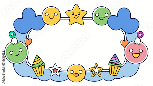 Cute Kids Birthday Place Cards Vector – Hand-Drawn Crayon Style with Balloons, Cake and Blank Space for Name