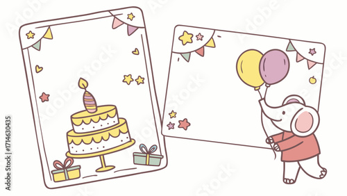 Cute Kids Birthday Place Cards Vector – Hand-Drawn Crayon Style with Balloons, Cake and Blank Space for Name