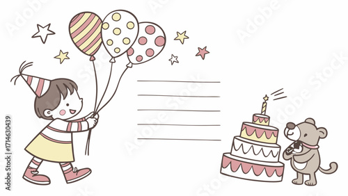 Cute Kids Birthday Place Cards Vector – Hand-Drawn Crayon Style with Balloons, Cake and Blank Space for Name