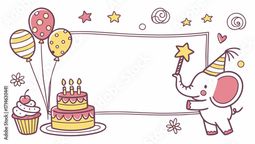 Cute Kids Birthday Place Cards Vector – Hand-Drawn Crayon Style with Balloons, Cake and Blank Space for Name