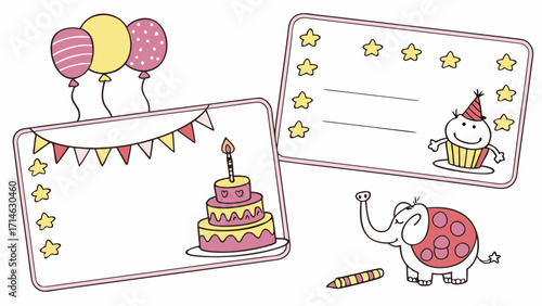 Cute Kids Birthday Place Cards Vector – Hand-Drawn Crayon Style with Balloons, Cake and Blank Space for Name