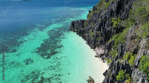 Coron, Palawa, Philippines, in South East Asia, with White Sand Beach, Turquoise Water, filmed on an Island island hopping boat tour with Limestone Cliffs in the background