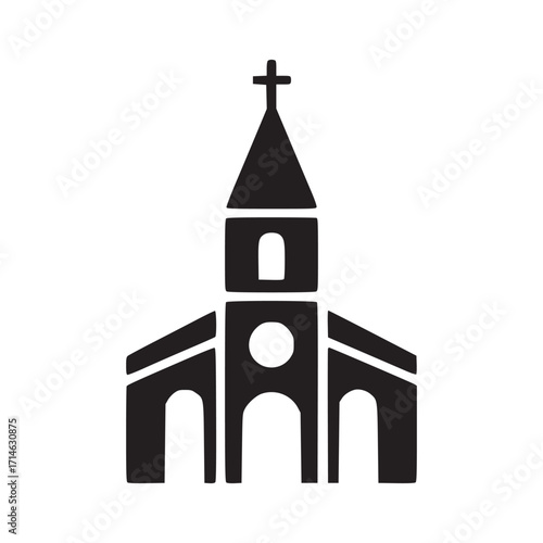 Illustration of a church minimalist design featuring a steeple, cross, and arched entrance, conveying faith, community, and architectural heritage