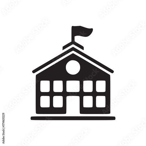 Illustration of a school minimalist design featuring a building with a flag, windows, and entrance, conveying education, learning, and institutional environment