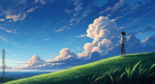 Anime-Style Boy Gazing at Cumulus Clouds on Green Hillside