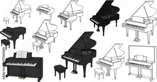 Set of drawings of a piano