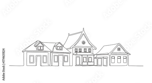 Minimal sketch of a row of three suburban houses with pitched roofs and garages, simple architectural outlines representing residential planning.