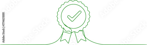 Award badge continuous line art drawn. Approval check sign. Certificate contour line. Vector illustration isolated on white.
