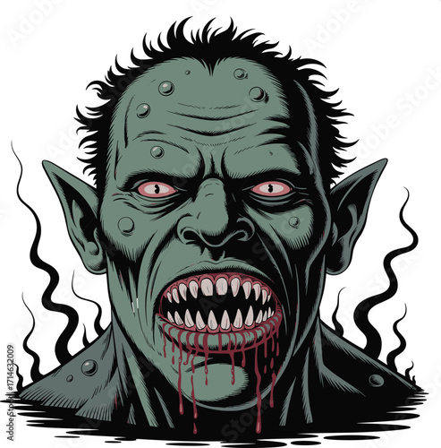 Grotesque monster illustration, horror fantasy creature, green skin beast, bloody teeth, smoky background, scary vector art, eerie undead design