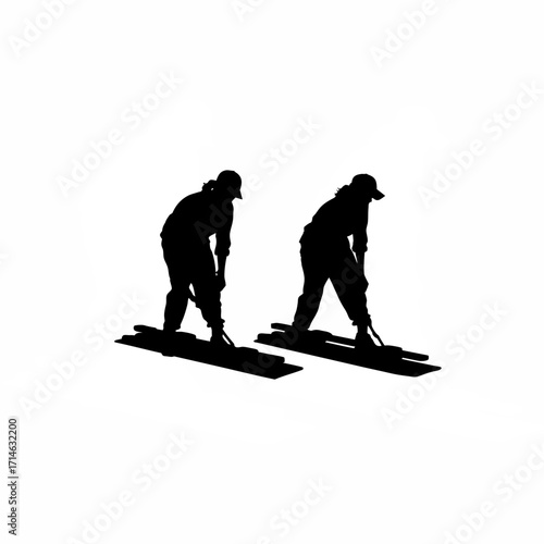 Silhouette of worker on knee boards moving across wet concrete isolated on white background