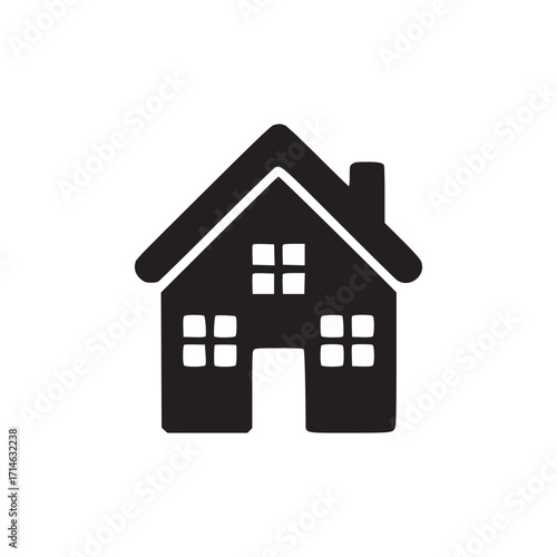 Illustration of a simple house icon the house has a roof, a chimney, a door, and four windows the icon is black and the background is white it is a minimalist design