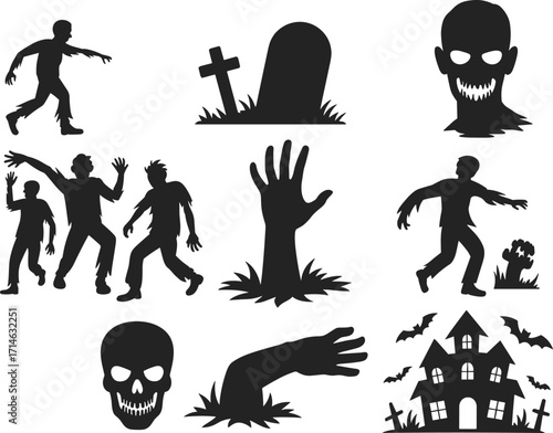 Halloween silhouettes, zombie figures, haunted house, creepy skulls, bats flying, graveyard scene, spooky hand, horror elements, undead theme, vector illustration