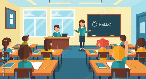 Classroom scene illustration with teacher and students learning education in a school setting design