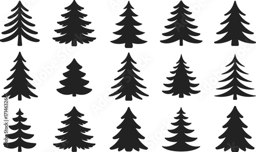 Christmas tree silhouette pattern, black and white pine trees, festive holiday design, vector illustration, winter nature background, repeating forest motif