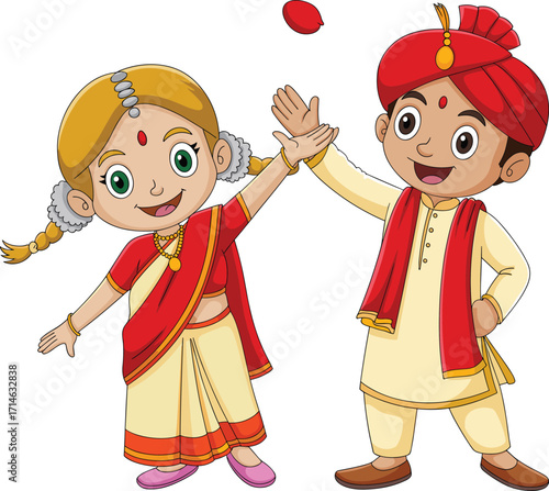 Indian children cartoon, traditional attire, festive celebration, cultural dress, smiling kids, saree and turban, joyful moment, high five, ethnic wear, happy faces