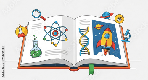 Science education book illustration with atom dna rocket and microscope for learning and discovery concept
