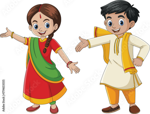Indian children, traditional clothes, cartoon style, cultural attire, festive outfit, cheerful kids, welcoming gesture, ethnic fashion, vector illustration, celebration scene
