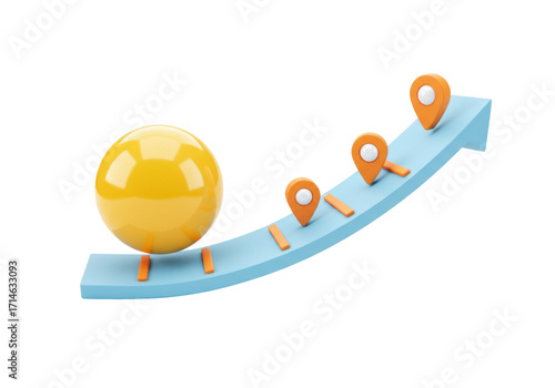 Isolated goal achievement concept, progress graph, upward arrow showing steps or milestones