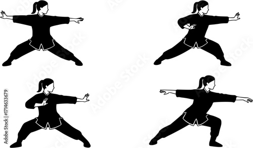 Woman training kung fu. Set of four drawings

