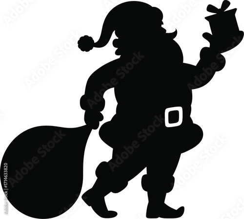 Black Santa Claus silhouette with gift and sack present