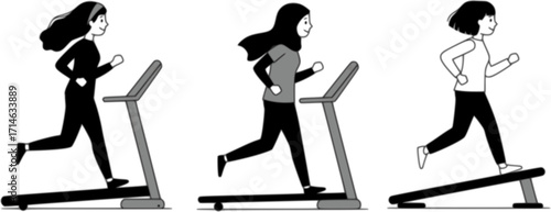 Set of drawing a woman running on a treadmill
