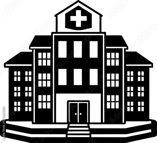 Modern hospital building icon, medical facility silhouette, healthcare center front view, emergency structure illustration, flat vector illustration, health symbol