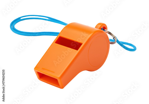 Isolated orange whistle on blue lanyard, metal key ring, emergency and signaling device