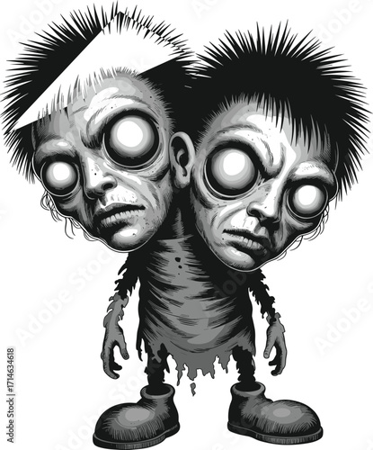 Two-headed monster illustration, surreal horror character, creepy fantasy creature, eerie grayscale art, spooky humanoid design, unsettling cartoon, dark stylized drawing