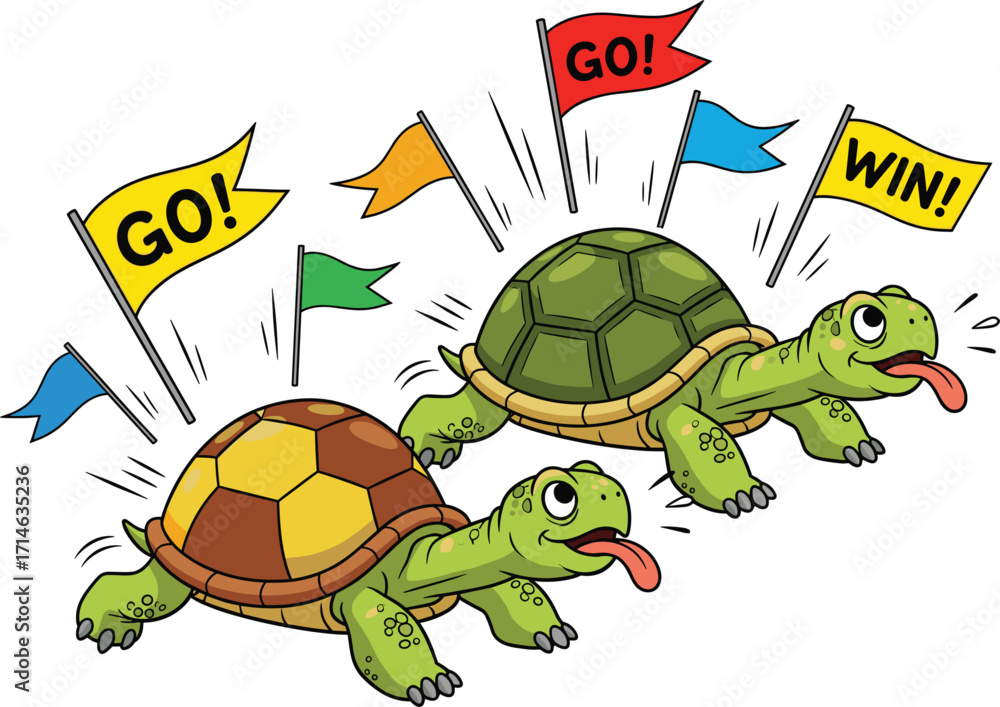 Obraz premium Two cartoon turtles racing with go and win flags