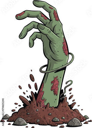 Zombie hand rising from grave, horror undead claw, Halloween scary monster, creepy green arm, spooky graveyard scene, eerie decay