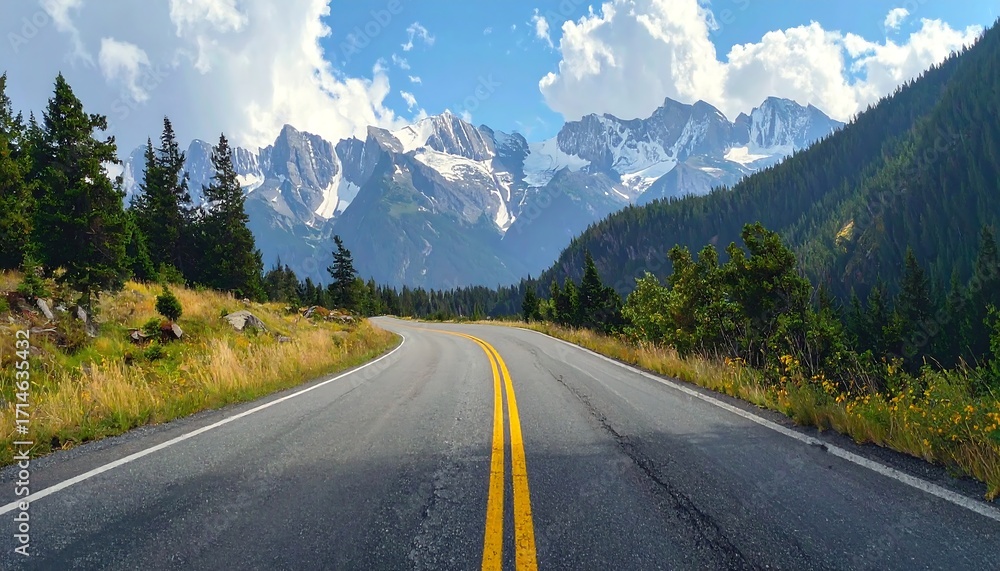Fototapeta premium An open road curves toward snow-capped mountains under a blue sky with puffy clouds. Lush green forests line the hills