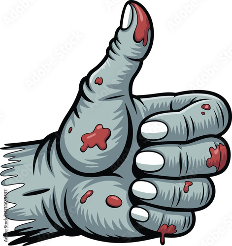 Zombie hand thumbs up, cartoon horror illustration, undead gesture, Halloween graphic, creepy monster arm, spooky vector art, scary design
