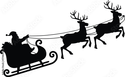Santa Claus sleigh reindeer vector silhouette flying