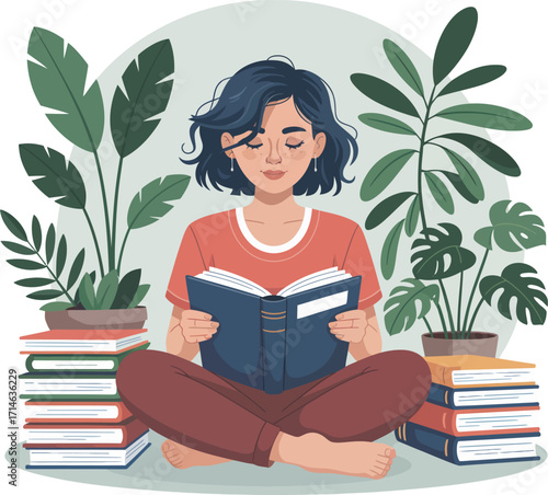 Young woman sitting cross-legged reading a book surrounded by lush green plants and stacks of books vector illustration