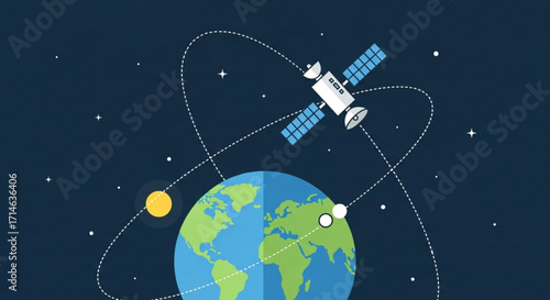 Satellite orbiting earth vector illustration for space exploration and communication technology design concept